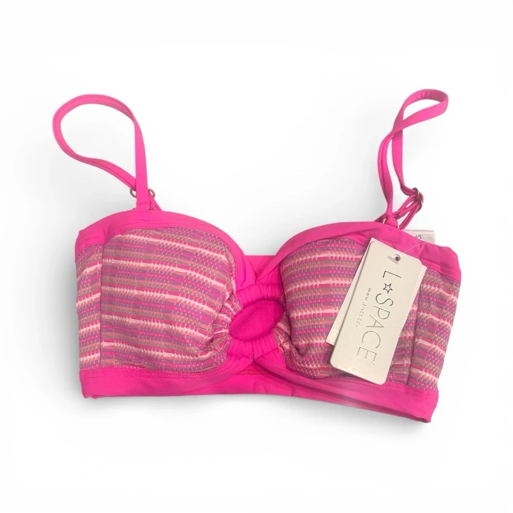 L*Space Maya Bikini Top Pink Ribbed Oval Ring Adjustable Straps Size S NWT 💕